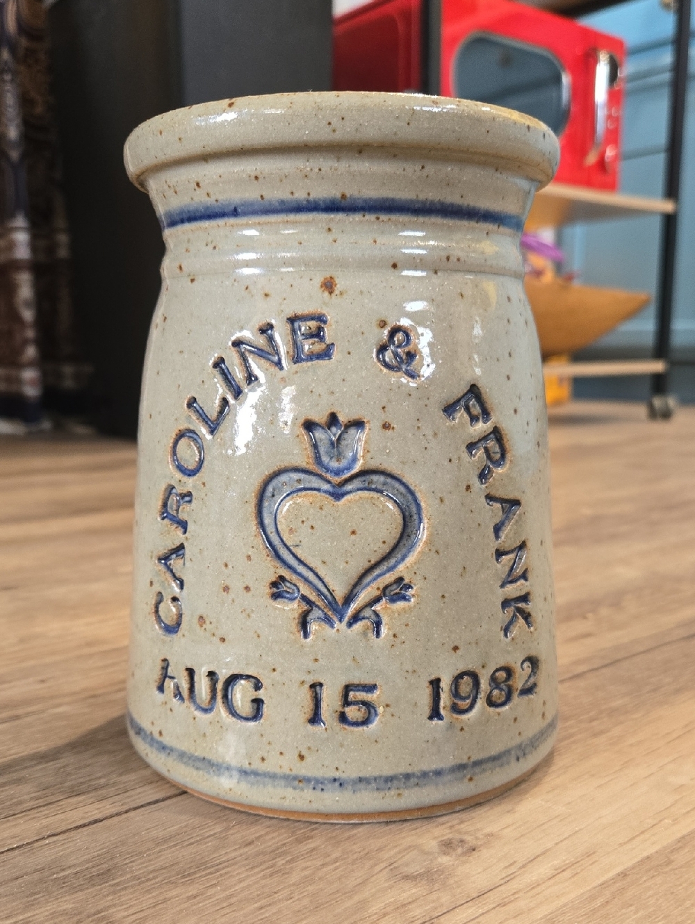 Vintage Zotter The Potter Personalized Carved Stoneware Jar with Blue Detail